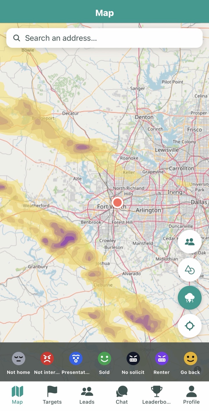 KnocKnock app showing real NOAA hail swaths over the Fort Worth, Texas metro